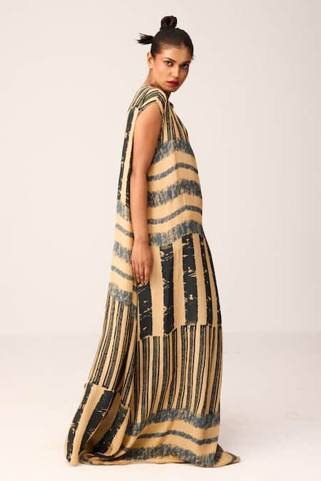 Shop_Label Shristi Chetani_Black Crepe Fringe Scoop Neck Linear Print Pleated Dress _Online_at_Aza_Fashions