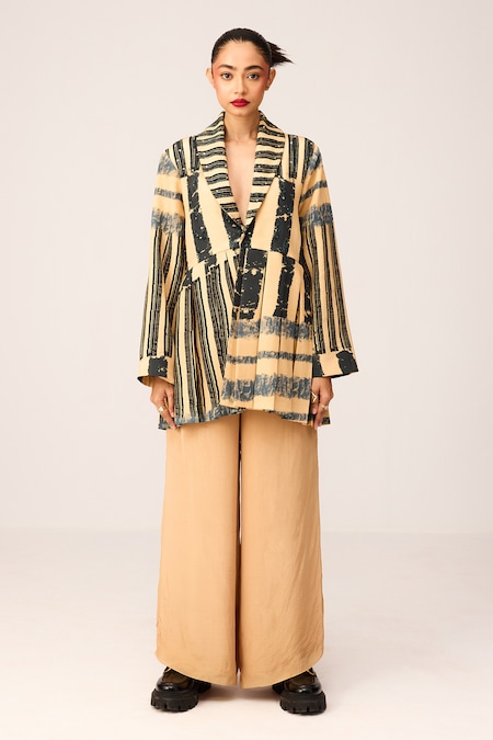 LABEL SHRISTI CHETANI Beige Crepe Printed Linear Lapel Collar Embroidered Pleated Blazer With Pant