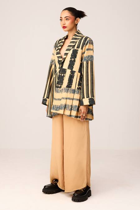 Buy Label Shristi Chetani Beige Crepe Sequins, Beads Embroidered Pleated Blazer With Pant Online at Aza Fashions Buy_Label Shristi Chetani_Beige Crepe Sequins, Beads Embroidered Pleated Blazer With Pant_Online_at_Aza_Fashions