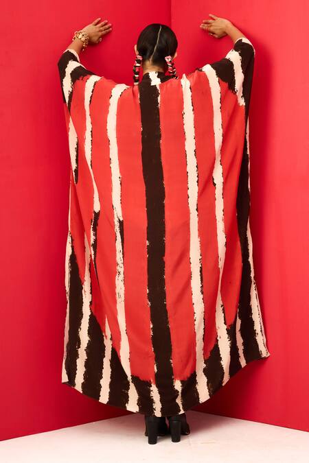 Shop_Label Shristi Chetani_Red Crepe V-neck Linear Print Kaftan _Online_at_Aza_Fashions