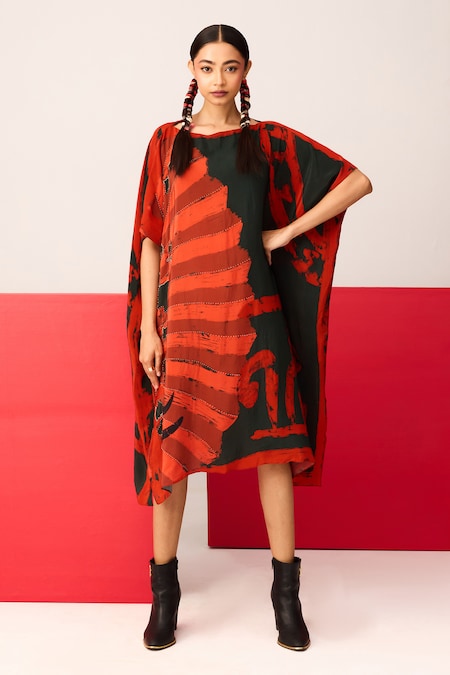 LABEL SHRISTI CHETANI Red Crepe Printed Boat Neck Placed Embroidered Kaftan