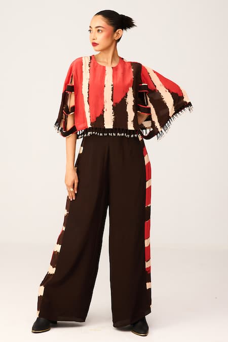 LABEL SHRISTI CHETANI Red Crepe Printed Linear Round Neck Cape With Flared Pant