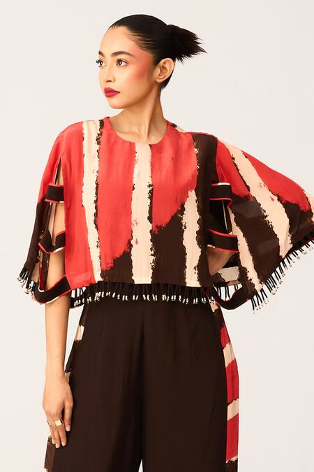 Label Shristi Chetani Red Crepe Printed Cape With Flared Pant Online at Aza Fashions Label Shristi Chetani_Red Crepe Printed Cape With Flared Pant_Online_at_Aza_Fashions