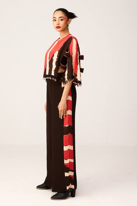 Shop Label Shristi Chetani Red Crepe Printed Cape With Flared Pant Online at Aza Fashions Shop_Label Shristi Chetani_Red Crepe Printed Cape With Flared Pant_Online_at_Aza_Fashions