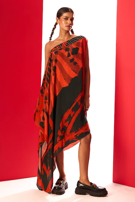 LABEL SHRISTI CHETANI Red Crepe Printed Abstract One Shoulder Neck Embroidered Dress