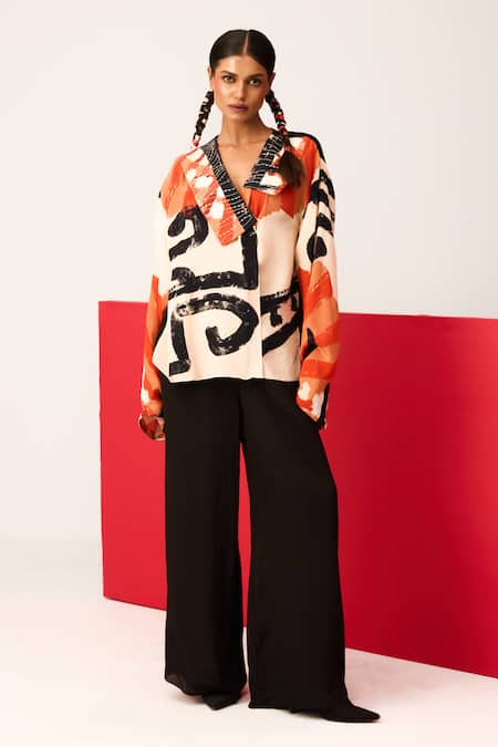 LABEL SHRISTI CHETANI Red Crepe Printed Lapel Collar Embroidered Shirt With Pant 