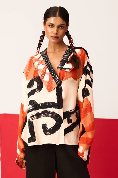 Buy_Label Shristi Chetani_Red Crepe Embroidery Collared Lapel Shirt With Pant_Online_at_Aza_Fashions