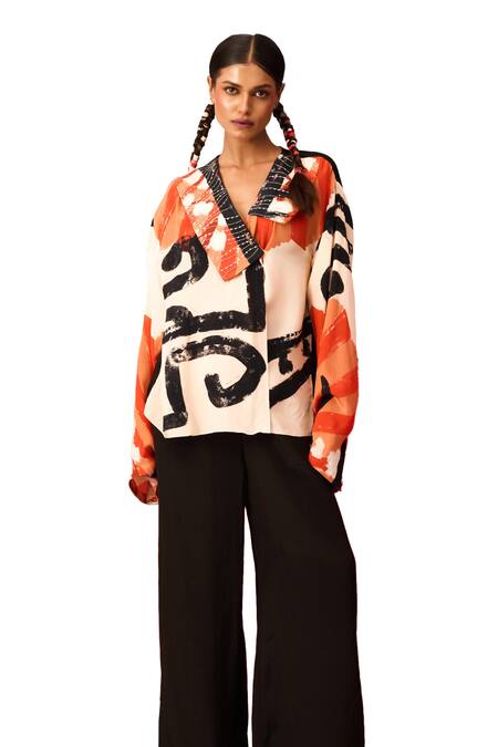 Shop_Label Shristi Chetani_Red Crepe Embroidery Collared Lapel Shirt With Pant_Online_at_Aza_Fashions