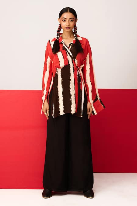 Shop_Label Shristi Chetani_Red Crepe V-neck Printed Shirt With Flared Pant _Online_at_Aza_Fashions