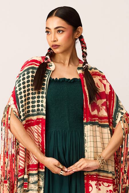 Label Shristi Chetani Green Crepe Bandeau Neck Shirred Jumpsuit With Cape Jacket Online at Aza Fashions Label Shristi Chetani_Green Crepe Bandeau Neck Shirred Jumpsuit With Cape Jacket_Online_at_Aza_Fashions