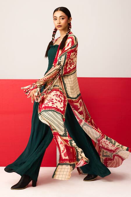 Buy Label Shristi Chetani Green Crepe Bandeau Neck Shirred Jumpsuit With Cape Jacket Online at Aza Fashions Buy_Label Shristi Chetani_Green Crepe Bandeau Neck Shirred Jumpsuit With Cape Jacket_Online_at_Aza_Fashions