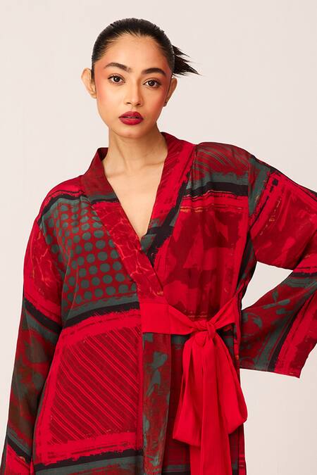 Buy_Label Shristi Chetani_Red Crepe Bandeau Neck Printed Kimono Dress_Online_at_Aza_Fashions