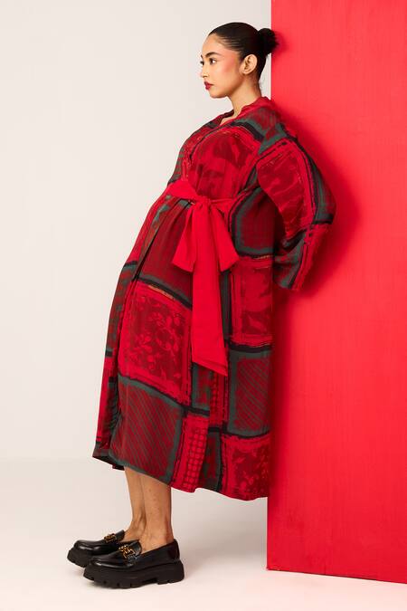 Shop_Label Shristi Chetani_Red Crepe Bandeau Neck Printed Kimono Dress_Online_at_Aza_Fashions
