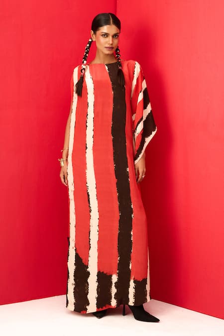 LABEL SHRISTI CHETANI Red Crepe Printed Linear Round Neck A-line Dress 