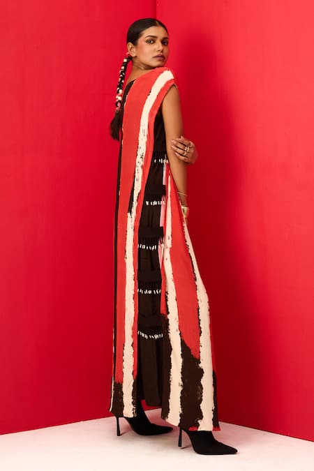 Label Shristi Chetani_Red Crepe Fringe Round Neck Printed A-line Dress_Online_at_Aza_Fashions