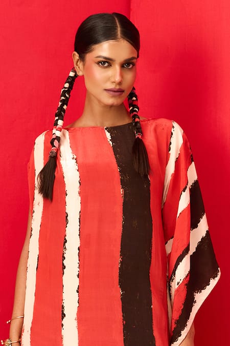 Shop_Label Shristi Chetani_Red Crepe Fringe Round Neck Printed A-line Dress_Online_at_Aza_Fashions