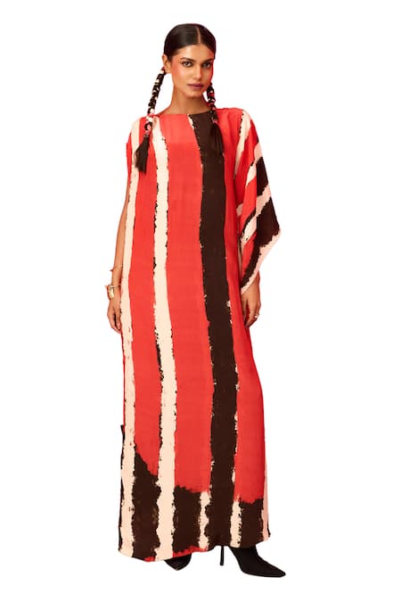 Label Shristi Chetani_Red Crepe Fringe Round Neck Printed A-line Dress_at_Aza_Fashions