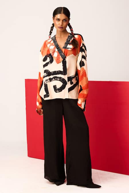 LABEL SHRISTI CHETANI Red Crepe Printed Lapel Collar Embroidered Shirt