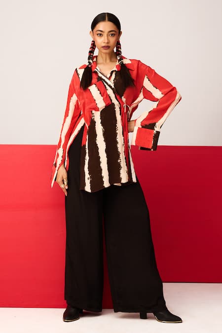 LABEL SHRISTI CHETANI Red Crepe Printed Linear V-neck Asymmetrical Shirt