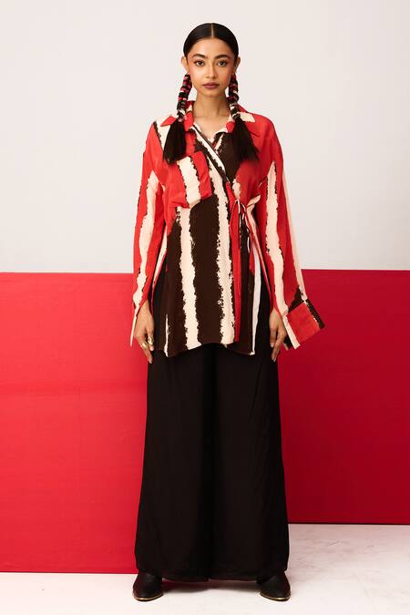 Label Shristi Chetani_Red Crepe V-neck Printed Asymmetrical Shirt _Online_at_Aza_Fashions