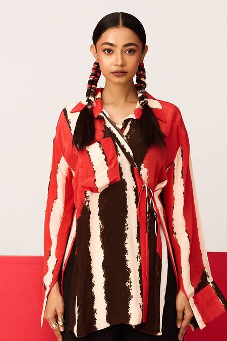 Buy_Label Shristi Chetani_Red Crepe V-neck Printed Asymmetrical Shirt _Online_at_Aza_Fashions