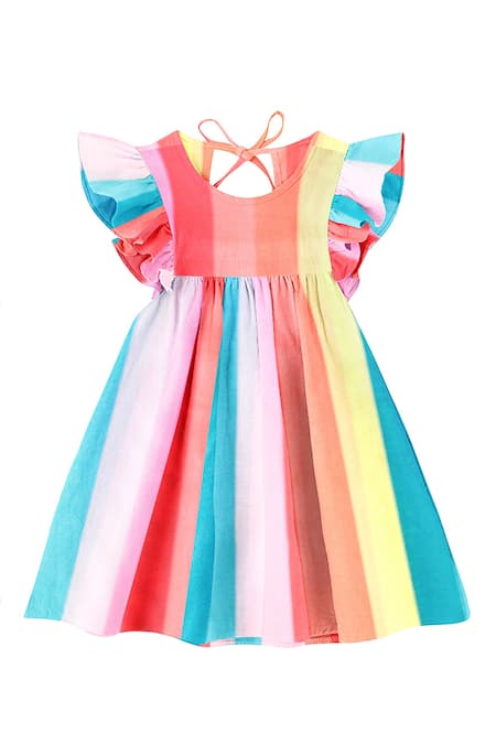 The Baby Atelier Multi Color Cotton Striped Frill Sleeve Rainbow Night Dress