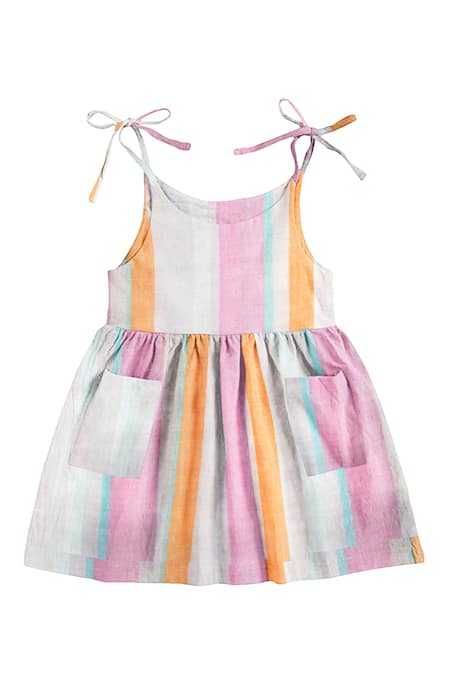 The Baby Atelier Pink Cotton Striped Tie-up Straps Night Dress