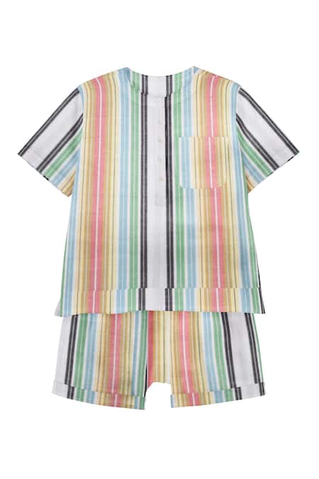 The Baby Atelier Green Cotton Striped Shirt And Shorts Co-ord Set