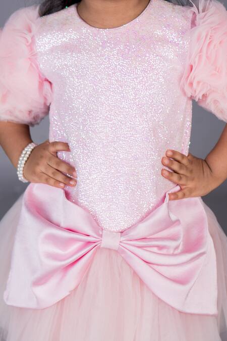 Toplove Pink Net, Cotton, Satin Sequins, Bows Ruffled Sleeve Dress Online at Aza Fashions Toplove_Pink Net, Cotton, Satin Sequins, Bows Ruffled Sleeve Dress _Online_at_Aza_Fashions