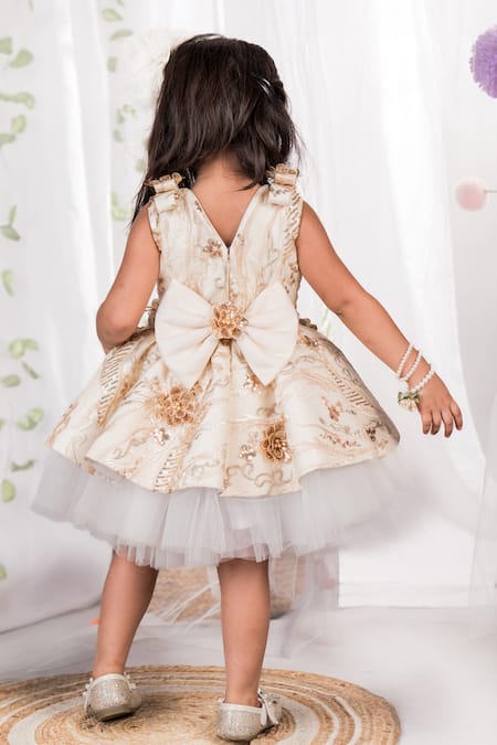 Shop_Toplove_Beige Net, Cotton Pearls, Sequins Camellia Hand Embroidered Dress _at_Aza_Fashions