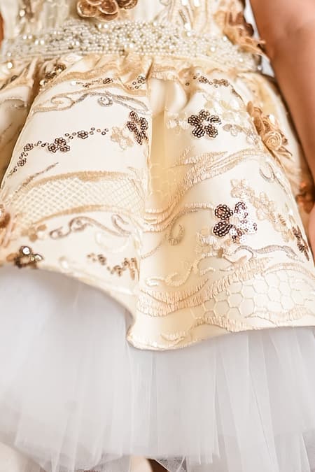 Toplove_Beige Net, Cotton Pearls, Sequins Camellia Hand Embroidered Dress _Online_at_Aza_Fashions