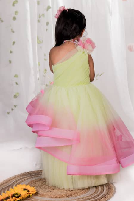 Shop_Toplove_Green Net, Cotton Embroidery, Pearls Springtime Symphony Hand Embellished Gown _at_Aza_Fashions