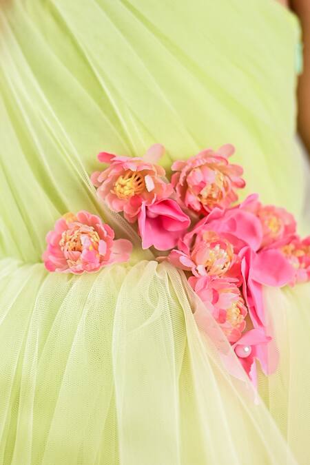 Toplove_Green Net, Cotton Embroidery, Pearls Springtime Symphony Hand Embellished Gown _Online_at_Aza_Fashions