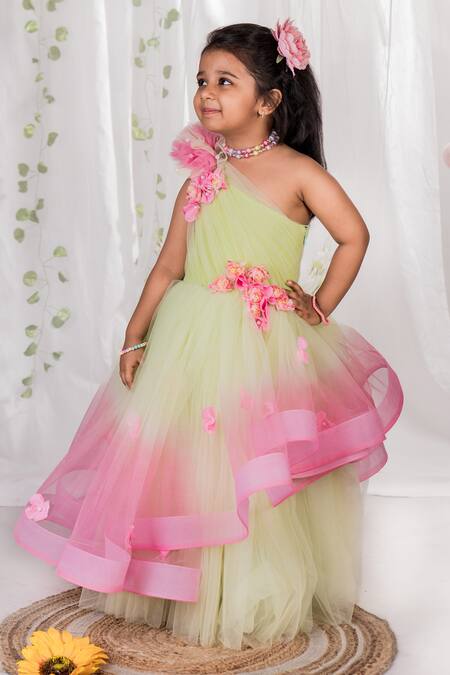 Buy_Toplove_Green Net, Cotton Embroidery, Pearls Springtime Symphony Hand Embellished Gown _Online_at_Aza_Fashions