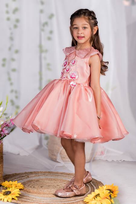 Toplove_Peach Cotton, Silk Organza Crystals, Whimsical Bloom Hand Embroidered Dress _Online_at_Aza_Fashions