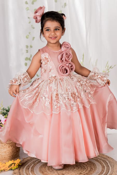 Toplove Peach Shimmer Organza Hand Embroidered Flowers Sunset Romance Gown