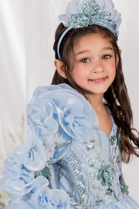 Toplove Blue Net Sequins, Fabric Flowers Azure Dream Hand Embroidered Gown Online at Aza Fashions Toplove_Blue Net Sequins, Fabric Flowers Azure Dream Hand Embroidered Gown _Online_at_Aza_Fashions