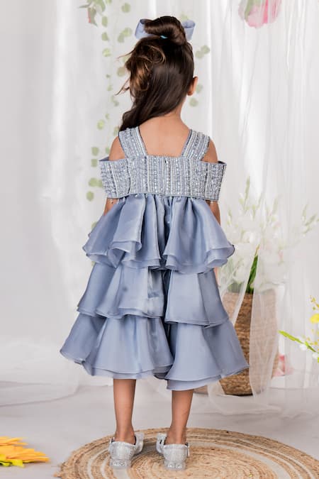 Shop Toplove Blue Cotton, Silk Organza Twilight Soiree Hand Embroidered Flounce Dress at Aza Fashions Shop_Toplove_Blue Cotton, Silk Organza Twilight Soiree Hand Embroidered Flounce Dress _at_Aza_Fashions