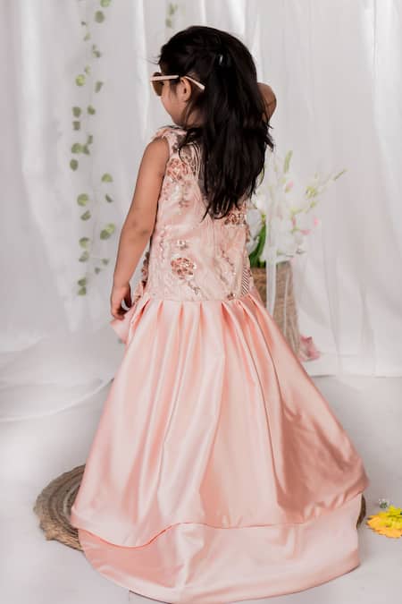 Shop Toplove Peach Net, Satin, Cotton Sequins, Fabric Royal Embroidered Trailblazer Gown at Aza Fashions Shop_Toplove_Peach Net, Satin, Cotton Sequins, Fabric Royal Embroidered Trailblazer Gown _at_Aza_Fashions