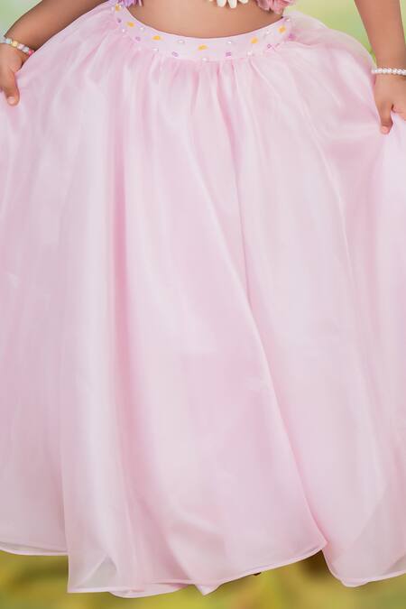 Shop Toplove Pink Organza, Cotton Pearls, Fairy Garden Hand Embroidered Crop Top And Skirt Set Online at Aza Fashions Shop_Toplove_Pink Organza, Cotton Pearls, Fairy Garden Hand Embroidered Crop Top And Skirt Set _Online_at_Aza_Fashions