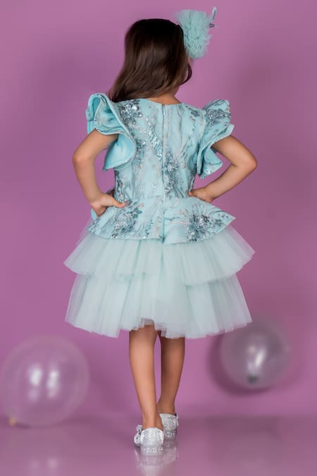 Shop Toplove Blue Net, Cotton Sequins, Fabric Flowers Sea Breeze Embroidered Dress at Aza Fashions Shop_Toplove_Blue Net, Cotton Sequins, Fabric Flowers Sea Breeze Embroidered Dress _at_Aza_Fashions