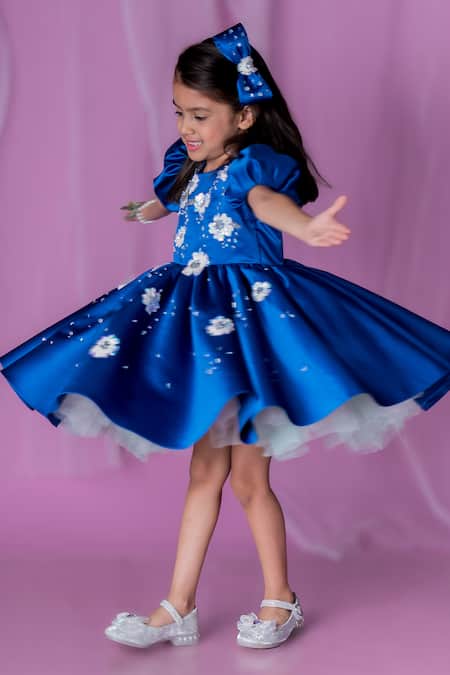 Toplove_Blue Cotton, Satin Embroidery, Sequins, Cut Work Poppy Hand Dress _Online_at_Aza_Fashions