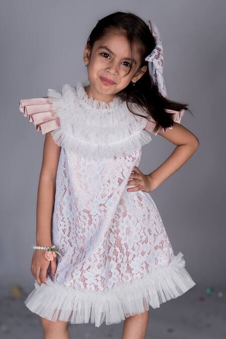 Toplove White Satin, Cotton Ruffles Vintage Serenade Dress Online at Aza Fashions Toplove_White Satin, Cotton Ruffles Vintage Serenade Dress _Online_at_Aza_Fashions