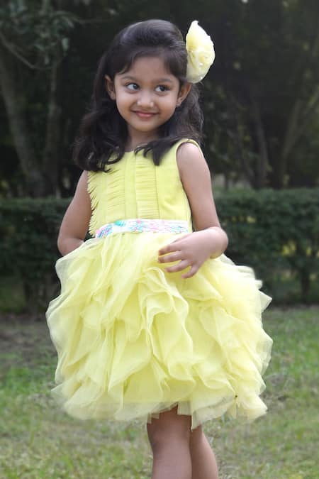 Shop Toplove Yellow Net, Cotton Sequins, Cut Work Hand Embroidered Ruffled Dress Online at Aza Fashions Shop_Toplove_Yellow Net, Cotton Sequins, Cut Work Hand Embroidered Ruffled Dress _Online_at_Aza_Fashions