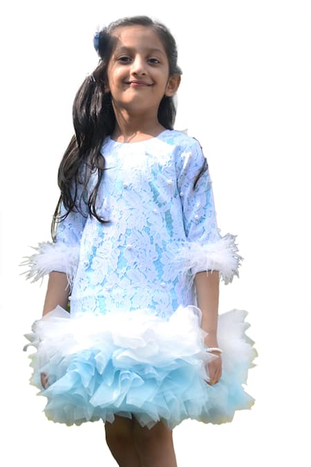 Toplove_Blue Satin, Chanderi Frozen Ruffled Dress _Online_at_Aza_Fashions