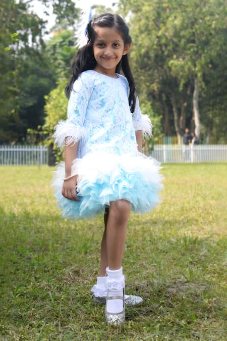 Shop_Toplove_Blue Satin, Chanderi Frozen Ruffled Dress _Online_at_Aza_Fashions