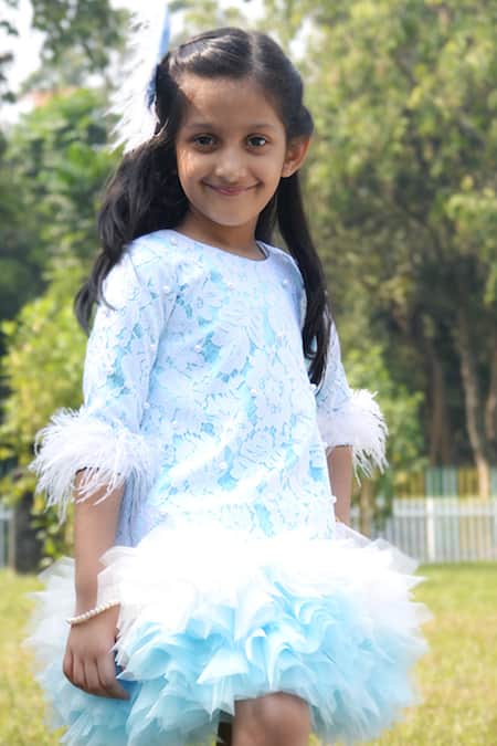 Toplove_Blue Satin, Chanderi Frozen Ruffled Dress _at_Aza_Fashions