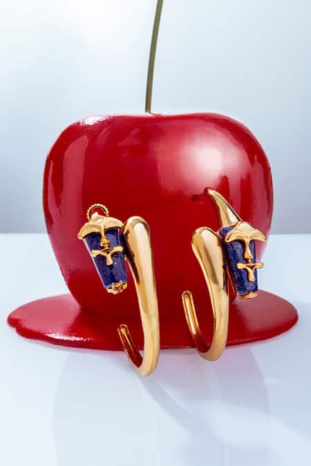 Outhouse Gold Plated Lace, Stones The Lazuli Sculpt Hoop Earrings Online at Aza Fashions Outhouse_Gold Plated Lace, Stones The Lazuli Sculpt Hoop Earrings _Online_at_Aza_Fashions