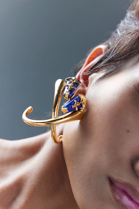 Shop Outhouse Gold Plated Lace, Stones The Lazuli Sculpt Hoop Earrings Online at Aza Fashions Shop_Outhouse_Gold Plated Lace, Stones The Lazuli Sculpt Hoop Earrings _Online_at_Aza_Fashions