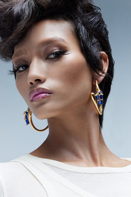 Outhouse Gold Plated Lace, Stones The Lazuli Sculpt Hoop Earrings at Aza Fashions Outhouse_Gold Plated Lace, Stones The Lazuli Sculpt Hoop Earrings _at_Aza_Fashions
